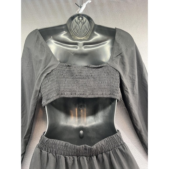 MEROKEETY Dress Womens Small Black Square Neck Long Sleeve Smocked Tiered Maxi - Picture 6 of 14